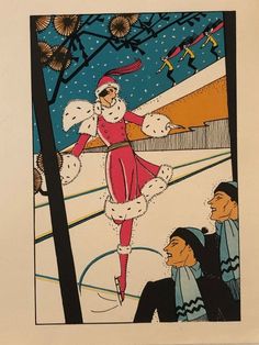 an illustration of a woman dressed as santa claus on a skating rink with two men