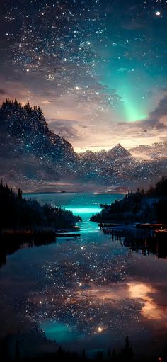 the night sky and stars are reflected in the water, with mountains in the background