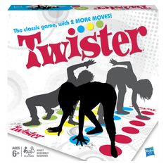 the board game twister is on display in front of a white background with black and red silhouettes