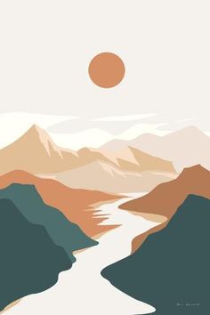 an abstract landscape with mountains and a sun in the sky above it, as well as a river running between them