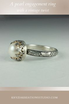 This vintage inspired pearl engagement ring is reminiscent of the Edwardian era when fine metalwork was designed to look like fine lace. Handcrafted from recycled sterling silver, a lightly oxidized floral band is set with a luminous 8-8.5mm cultured creamy white freshwater pearl in a handmade filigree heart wire crown setting. A unique engagement ring for a pearl lover! Hand Forged Round Wedding Rings, Heirloom White Gold Pearl Ring For Anniversary, Elegant White Gold Pearl Ring With Rose Cut Diamonds, Elegant Milgrain Jewelry For Wedding, Elegant White Engraved Rings, Heirloom Pearl Ring With Rose Cut Diamonds For Anniversary, Elegant Filigree Ring With Intricate Design For Marriage, Milgrain Round Jewelry For Wedding, Elegant Pearl Ring With Intricate Design For Anniversary