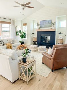 a living room filled with furniture and a fire place in the middle of a room