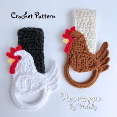 two crocheted chicken and rooster hair clips on white background with text that reads, crochet pattern heartspun & wings