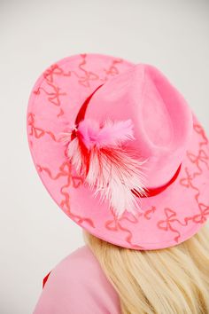 WRAP SEASON PINK RANCHER HAT HAT Judith March Red Velvet Band, Judith March, Rancher Hat, Pink Hat, White Feathers, Red Bow, Pink Red, Red Velvet, Saddle