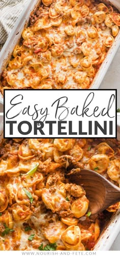 Crowd-pleasing baked tortellini is a delicious cheesy casserole with extra oomph thanks to an easy yet flavorful tomato and meat sauce. With fewer than 10 ingredients and about 10 minutes of prep, this is a terrific way to deliver a hot meal on busy nights. It's easy to make ahead, too. Beef Tortellini Casserole, Bakes Tortellini, Italian Ground Beef Recipes Pasta, Freezer Pasta Bake, Pasta Recipe For A Crowd, Freezer Meals Pasta, Baked Pasta For A Crowd, Pasta Bake Recipes Beef, Tortellini Sausage Recipes