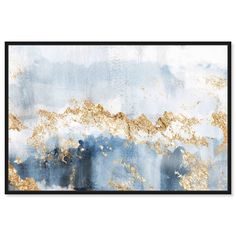 an abstract painting with gold and blue paint on the canvas, framed in black frame