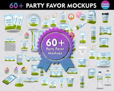 the 50 party favors mockup is shown with various items for each event, including an award