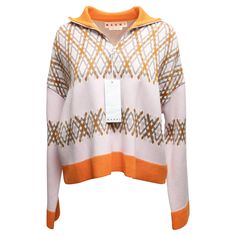 Light pink and orange knit half-zip sweater by Marni. Turtleneck collar. Abstract pattern throughout. Zip closure at front. 46" bust, 15" shoulder width, 28.5" sleeve length, 21.5" length. Orange Knit, Display Signs, Pullover Mode, Half Zip Sweaters, Wallet Fashion, Red Valentino, Zip Sweater, Ulla Johnson, Pink Orange