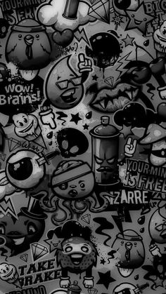 black and white photograph of many different stickers