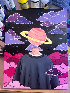 a painting of a man with saturn on his head and clouds in the sky behind him