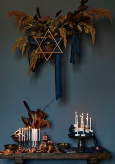 a table topped with candles next to a potted plant