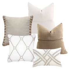 four pillows in different colors and patterns on a white background, one with brown trim