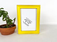 a small potted plant next to a yellow frame