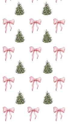 watercolor christmas tree with pink bows on white background, seamless wallpaper pattern