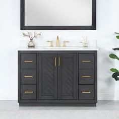 a bathroom vanity with a mirror above it and a plant in the corner next to it