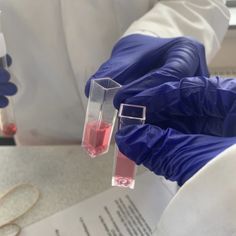 a person in blue gloves holding two test tubes filled with pink liquid and red liquid