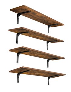 three wooden shelves with metal brackets on the sides and one shelf holding two bookshelves