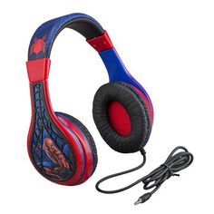 the spiderman headphones are red and blue