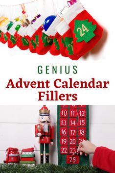 a christmas calendar is hanging on the wall with santa's stocking and stockings