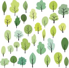 trees with green and blue leaves on white background