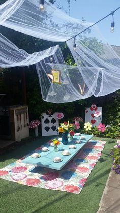 a table with plates and cups on it in the middle of a lawn area covered by netting