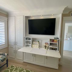 a large flat screen tv mounted to the side of a wall in a living room