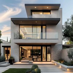 a modern house with an outdoor patio and stairs leading up to the upper level area