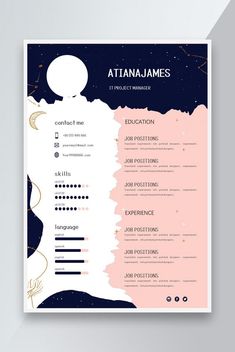 a pink and blue resume template with gold accents on the front, in an abstract style