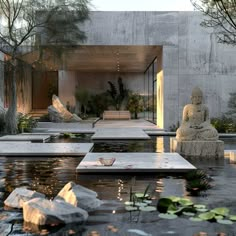 an outdoor garden with water features and statues