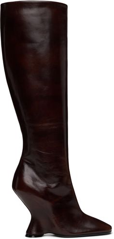 Knee-high grained calfskin boots in brown. · Square toe · Zip closure at inner side · Grained leather lining · Covered wedge heel with rubber injection · Polished calfskin sole · Heel: H4.25 Supplier color: Dark brown Brown Leather Wedges, Brown Square, Boots Knee, Leather Wedges, Dries Van Noten, Tall Boots, Boot Shoes Women, Wedge Heels, Knee High Boots