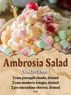 an advertisement for ambrosia salad with information about it