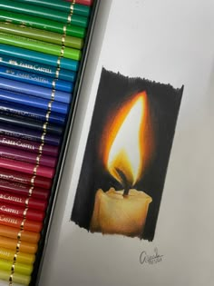 a drawing of a lit candle surrounded by colored crayons