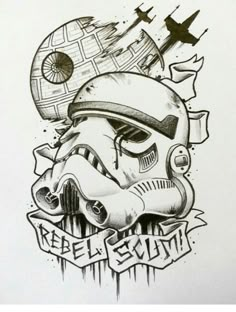 a drawing of a star wars trooper helmet with the words rebel evil written on it