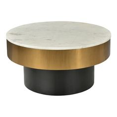 a white marble table with gold trim and black base, against a white background the top is round