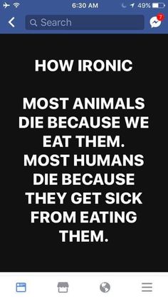 an instagram with the text how ironic most animals die because we eat them, most humans die because they get sick from eating them