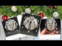 two pictures of handmade beaded christmas ornaments on display in front of pine branches