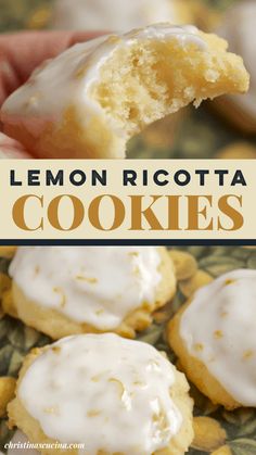 lemon ricotta cookies with white frosting on top and in the background, there is a hand holding one