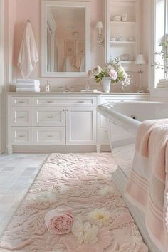 a bath room with a tub a sink and a mirror on the wall in it