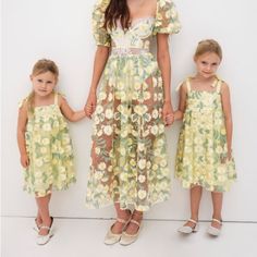 Mommy & Me: Match Your Mini With The Carson Midi Dress. Sunshine Floral Embroidery Lace Trimmed Shoulder Straps With Bow Details Invisible Zip Closure Lined Cotton Party Dress, Sunshine Dress, Girls Yellow Dress, France Dress, Cherry Print Dress, White Embroidered Dress, Lemon Dress, Sparkly Dress, Embroidery Lace