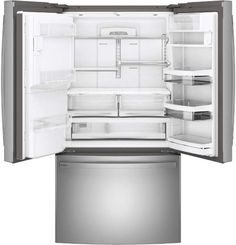 an open refrigerator with its door wide open and it's freezer is shown