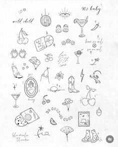 a drawing of various items and symbols on a white sheet with the words happy new year written