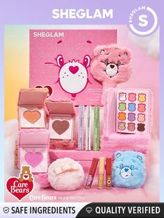 Get instantly transported to the lovable land of Care-a-Lot with the new Care Bears x SHEGLAM Collection! From eyeshadows to blushes to vibrant colored eyeliners, this collection has everything you need to create a lovely makeup look that will warm your heart up! It's the ultimate makeup kit to that'll help you share your unique care!Collection Set Xmas Christmas Gift Winter Y2K Thanksgiving Christmas Decor Makeup Party Beach Travel Holiday Sale Deals Camping Outdoors Present Rose Fashion Girl N Care Bear Makeup Collection, Stitch Makeup Kit, Eyeliner Verde, Fancy Cosmetics, Bear Makeup, Purple Eyeliner, Pink Thanksgiving, Alat Makeup, Liquid Lipstick Set