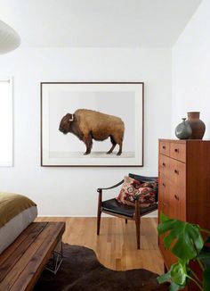 a room with a bed, chair and framed bison print on the wall above it