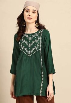 Embroidered Viscose Tunic in Dark Green Short Kurti, Dark Green Color, Rayon Fabric, Sheer Fabrics, Sophisticated Style, Step Up