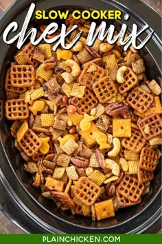 slow cooker chex mix in a crock pot with the title above it