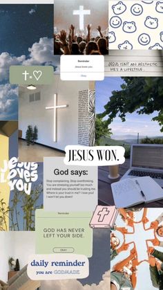 the collage has many different images and words on it, including jesus's word