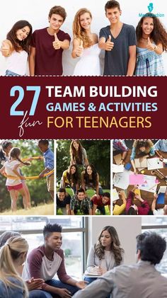 some people are standing and sitting together in front of a window with text that reads 27 team building games & activities for teenagers