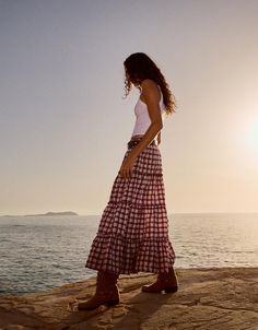 Check maxi skirt - New - Women | Bershka Gingham Maxi Skirt, Long Patterned Skirt, Fall Maxi Skirt, Long Skirt Pattern, Plaid Maxi Skirt, Fitted Maxi Skirt, Maxi Skirt Fall, Flannel Skirt, Print Maxi Skirt