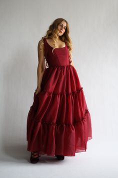 The Siena Gown in Scarlet Red Red Formal Dress With Sleeves, Red Whimsical Dress, Red Flowing Dress, Winter Formal Gown, Flattering Dresses For Curvy Women, Red Fantasy Dress, Corset Bodice Dress, 3 Tier Dress, Scarlet Red Dress