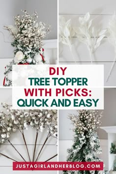 Collage of images showing steps to create a DIY Christmas tree topper using white and silver picks. Upper central text reads: "DIY Tree Topper with Picks: Quick and Easy. Tree Topper With Picks, Christmas Tree Decorating Tips, Christmas Tree Inspo, Christmas Tree Decorating, Christmas Topper